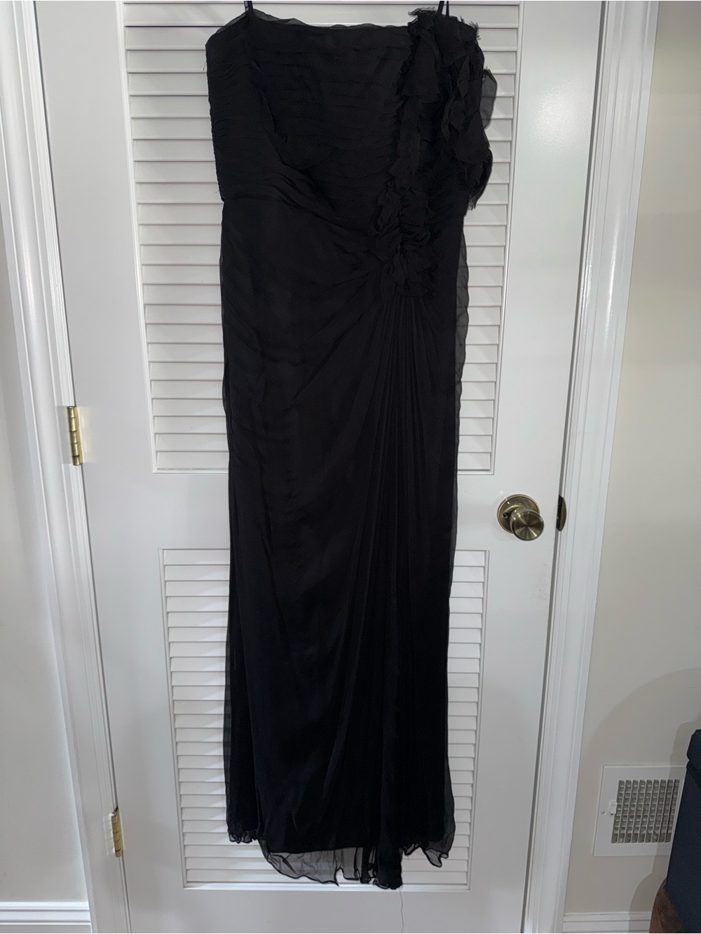 Tadashi Shoji Black One-Shoulder Ruffled Evening Gown